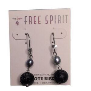 NWT Peyote Bird Freshwater Pearl Carved Wood Sterling Silver Dangle Earrings